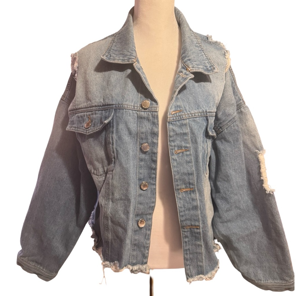 Women’s Distressed Embroidered Floral Denim Jacket Loose Fit Trucker Style Large